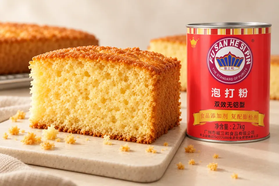 Double-Acting Baking Powder product packaging and cake application